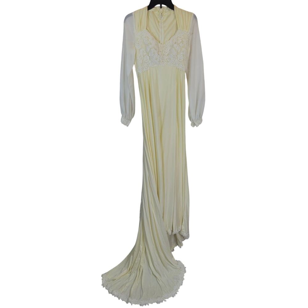 Vintage Wedding Dress Beige w/ white‎ Sheer Sleeves Applique w Train Size 0-2